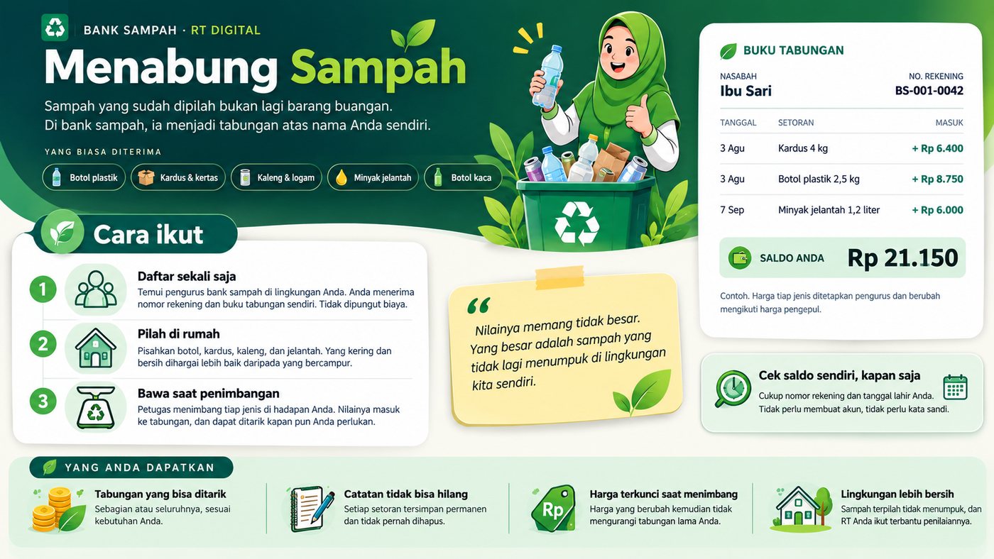 Menabung sampah: sampah yang sudah dipilah menjadi tabungan atas nama Anda sendiri. Daftar sekali, pilah di rumah, lalu bawa saat penimbangan.